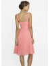 Slim V Neck Thin Straps Pink Chiffon Knee Length Bridesmaid Dress With Beaded Sash